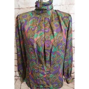 Vintage 80s Size 6 Small Nicola Jewel Tone Shoulder Pad Pleated Blouse High Neck